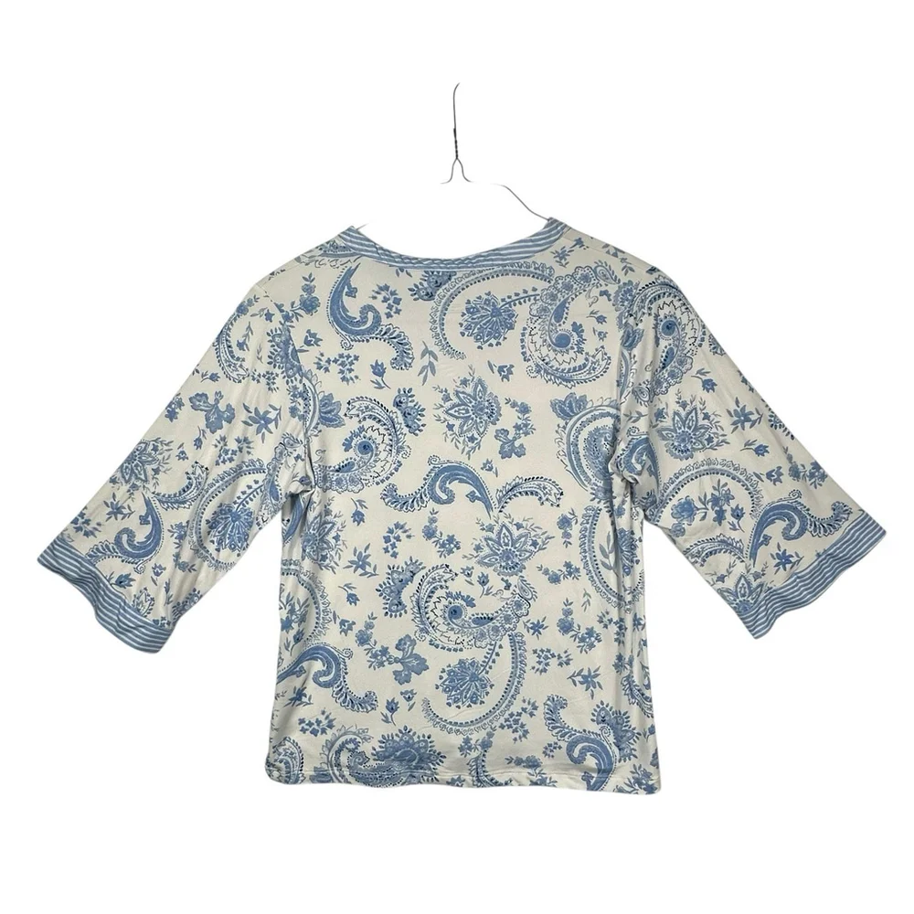 Flora Nikroo Paisley 3/4 Sleeve V Neck Pajama Shirt White Blue Size Medium - Picture 3 of 8